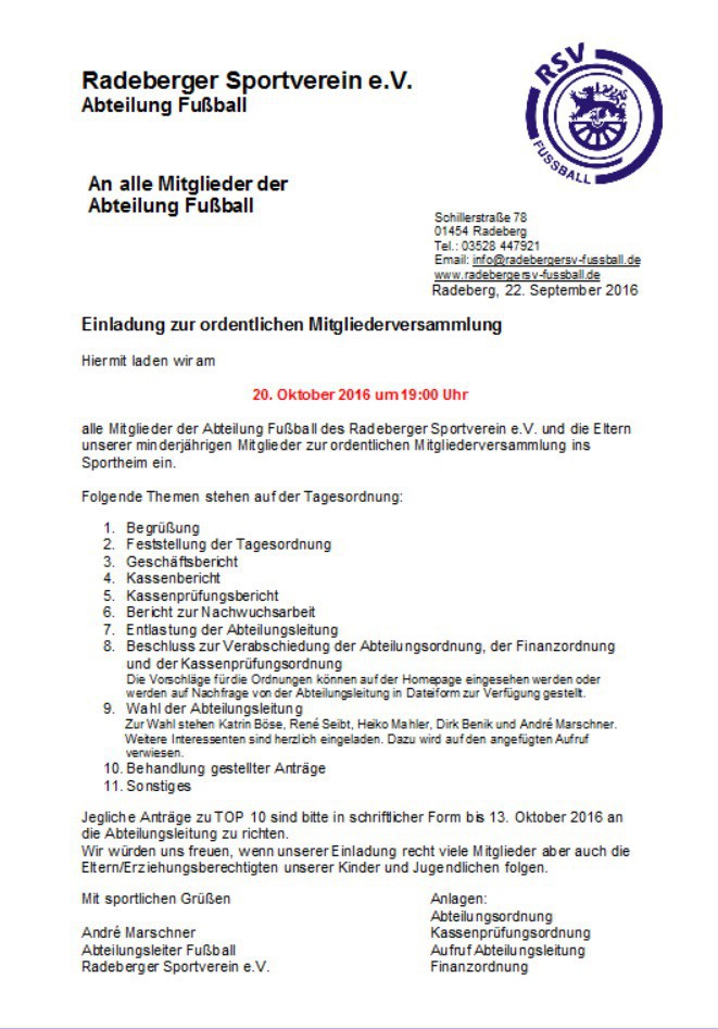 Einladung zur ordentlichen Mitgliederverdammlung